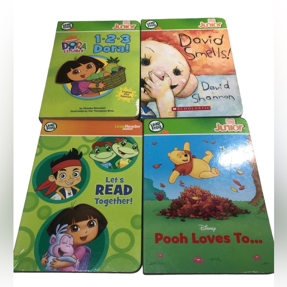 Leap Frog Junior Tag hard cover books, lot of 4 David smells , Dora, Pooh